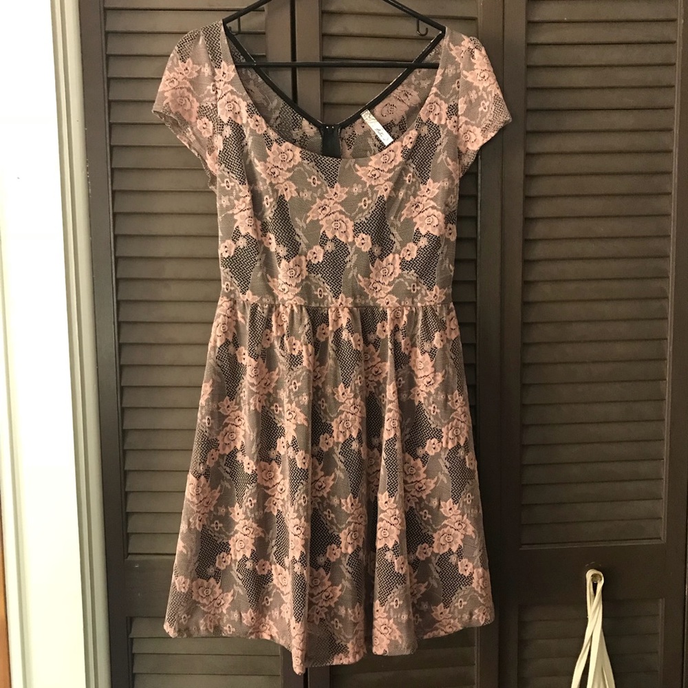 Pink Lace, Black Lined Cap Sleeve Dress